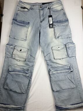 NWT Rockstar Original Jeans Men's 38 Blue Baggy Cargo Multi Pocket Wide Leg
